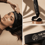 Woman wearing a wig with 'The Wig Whisperer' headband, close-up of the headband on a stand, and logo on a beige background.