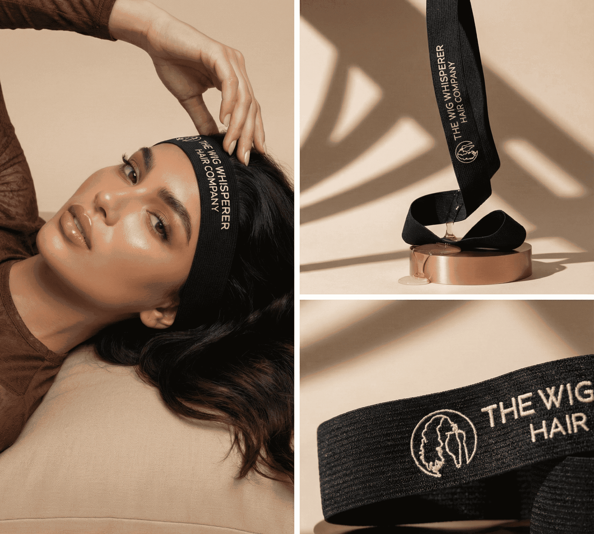 Woman wearing a wig with 'The Wig Whisperer' headband, close-up of the headband on a stand, and logo on a beige background.